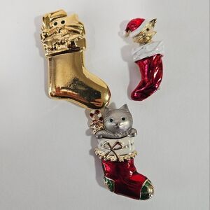 Lot of Three Vintage Cat Kitten Enameled Signed Christmas Holiday Pins Brooches